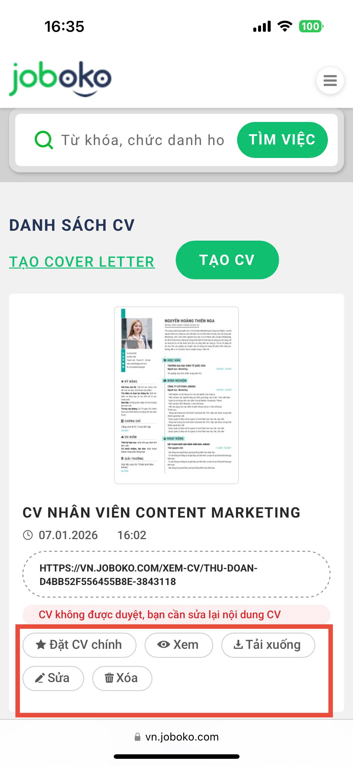 Xem, sửa xóa tải CV trên điện thoại